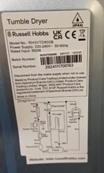 Russell Hobbs RH3VTD800B 2.5kg Compact Mini Vented Tumble Dryer - Image 10